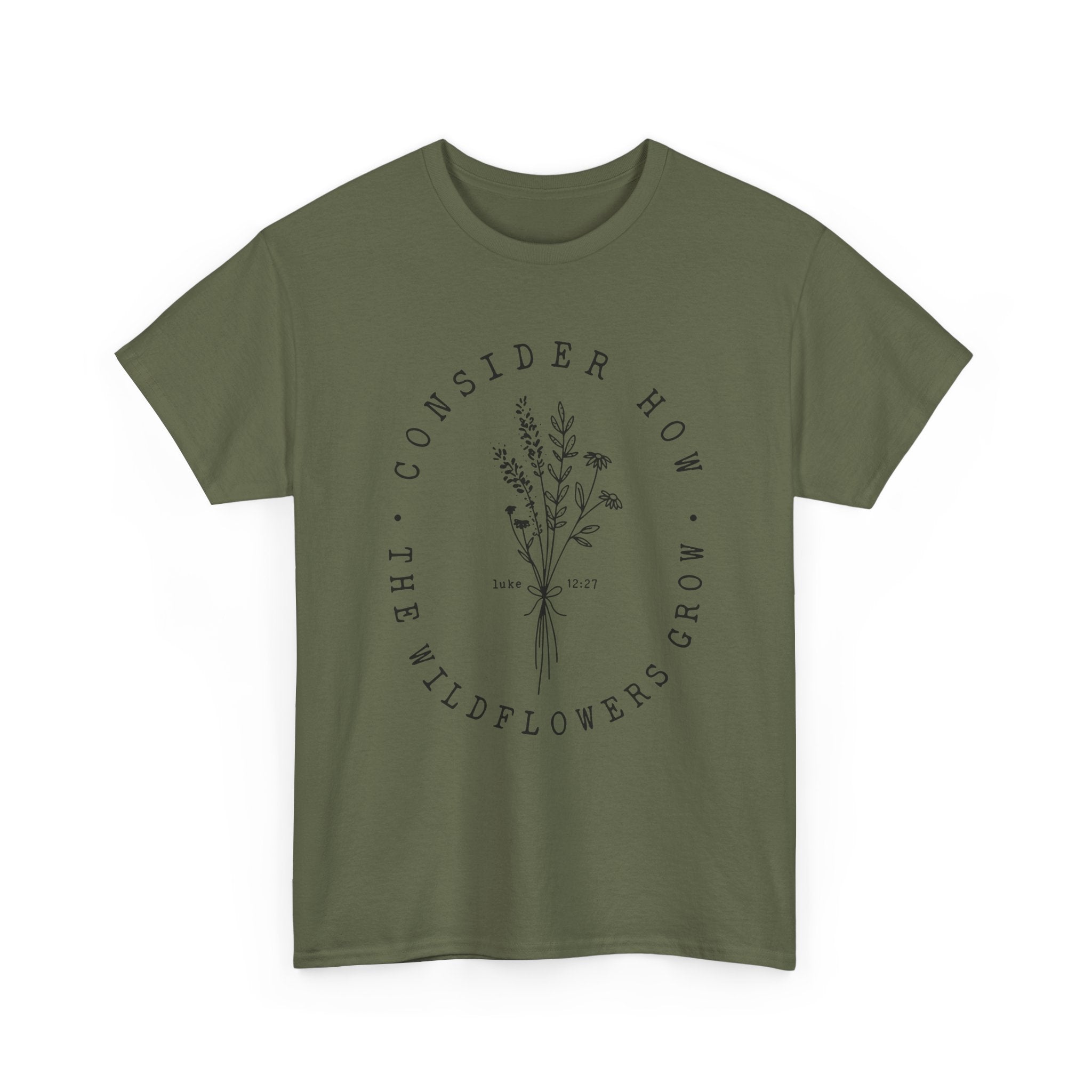 Front view Military Green t-shirt with large black floral graphic and Luke 12:27 Bible verse 