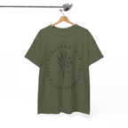 Front view Military Green t-shirt with large black floral graphic and Luke 12:27 Bible verse displayed on a hanger
