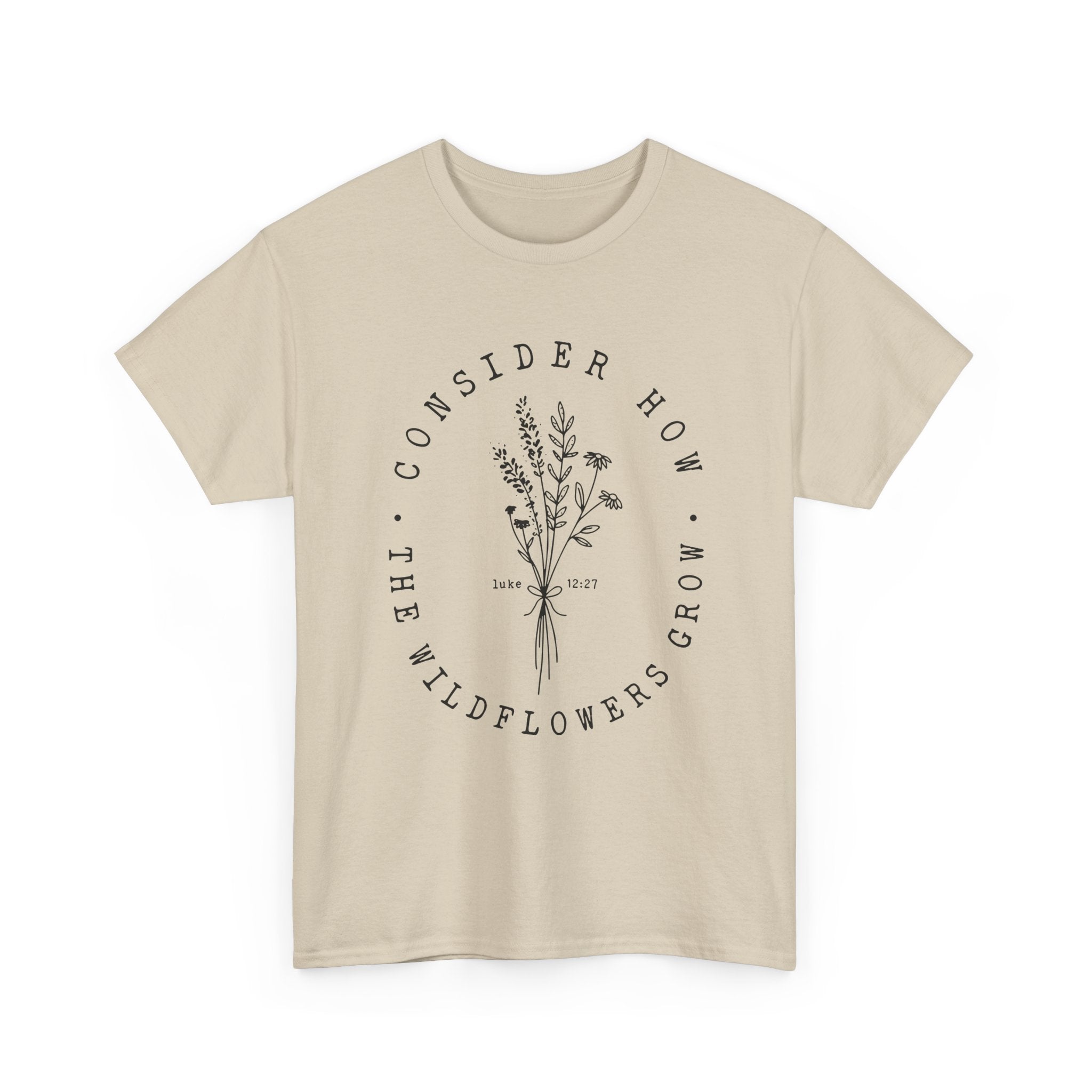 Front view Sand t-shirt with large black floral graphic and Luke 12:27 Bible verse 
