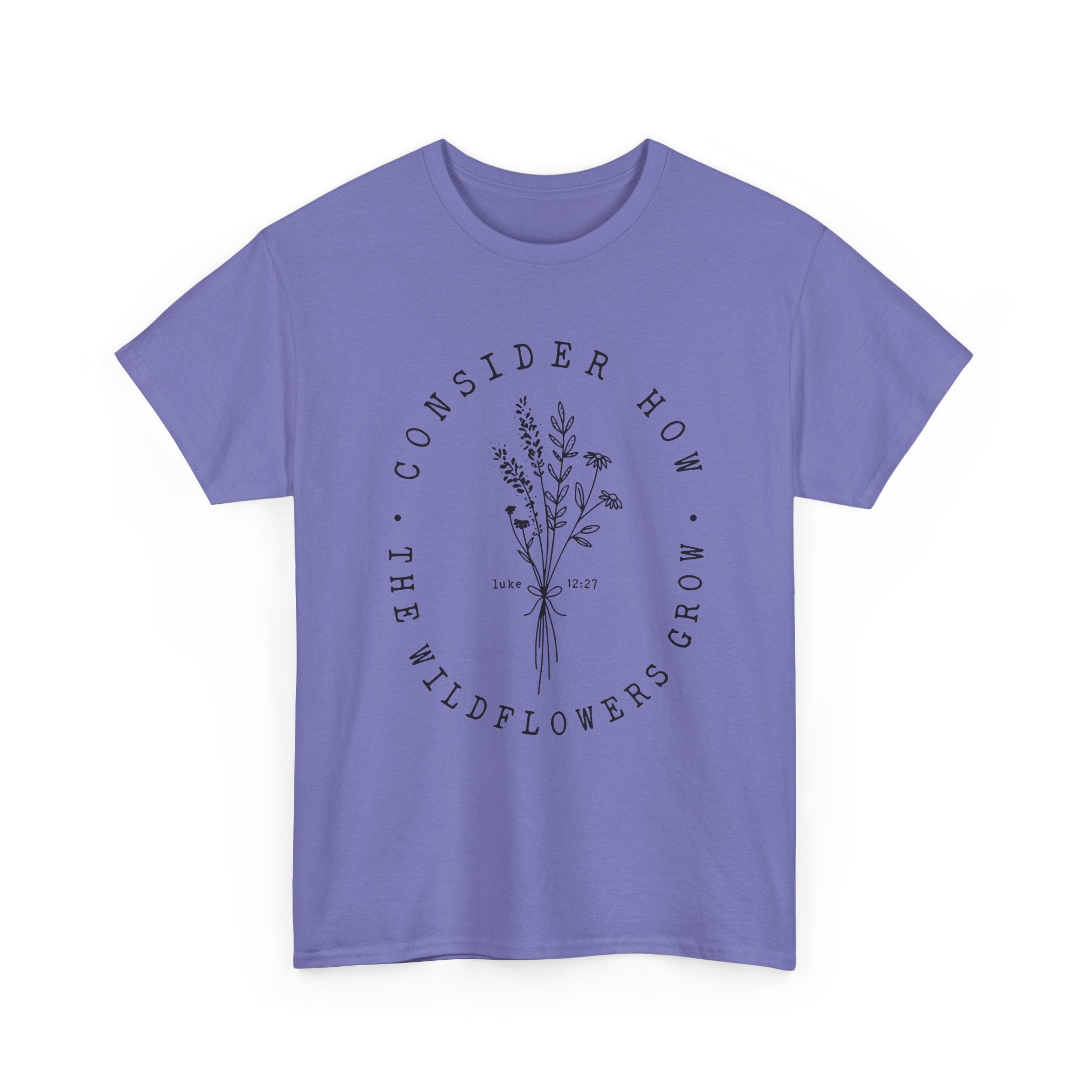 Front view Violet t-shirt with large black floral graphic and Luke 12:27 Bible verse 