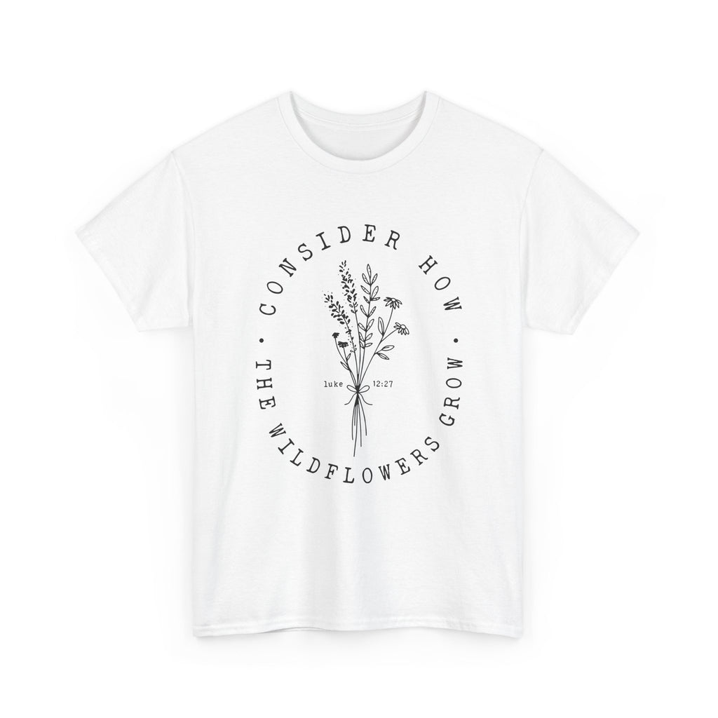 Front view White t-shirt with large black floral graphic and Luke 12:27 Bible verse 