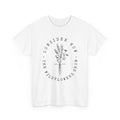 Front view White t-shirt with large black floral graphic and Luke 12:27 Bible verse 