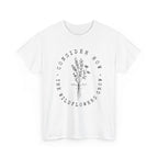 Front view White t-shirt with large black floral graphic and Luke 12:27 Bible verse 