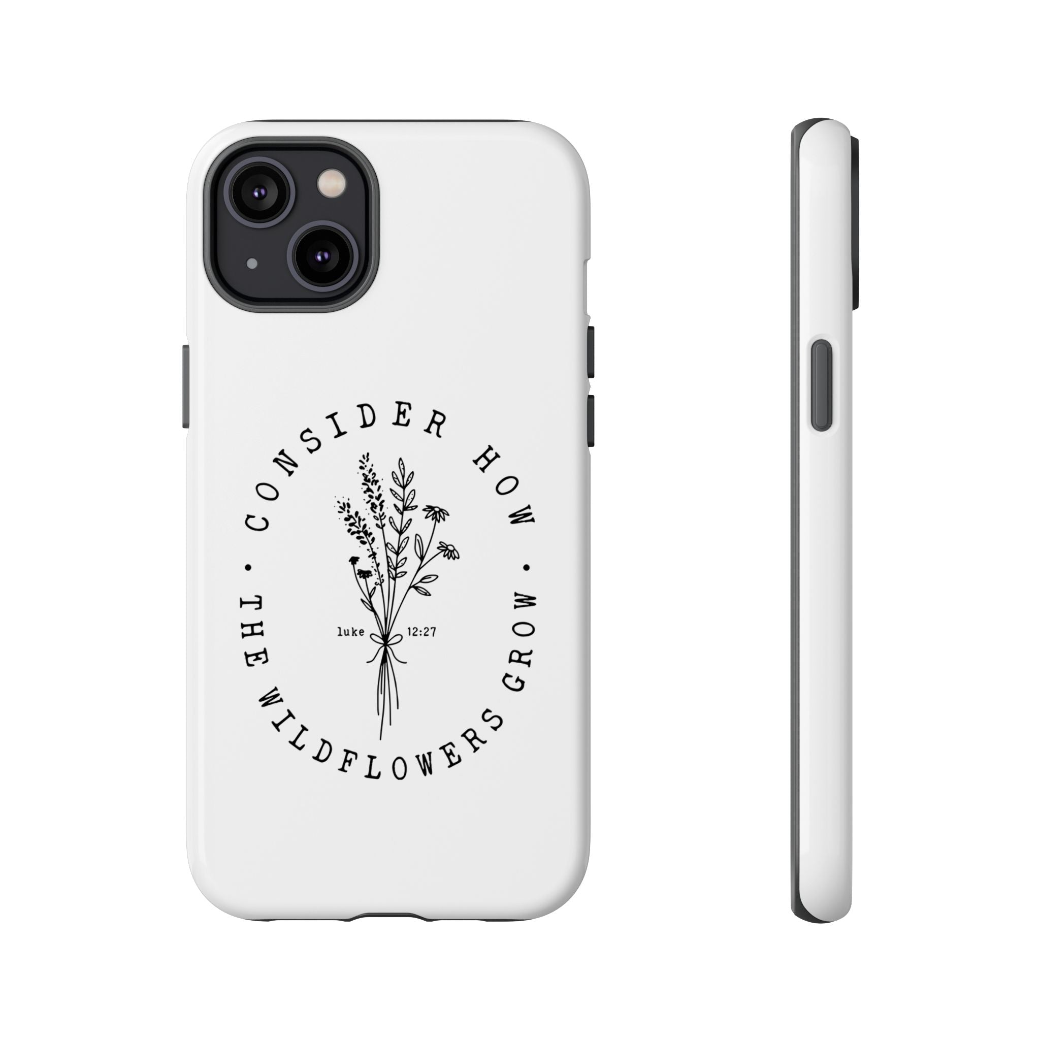 White iPhone case with black floral graphic and Luke 12:27 Bible verse displayed on an iPhone 14 Plus