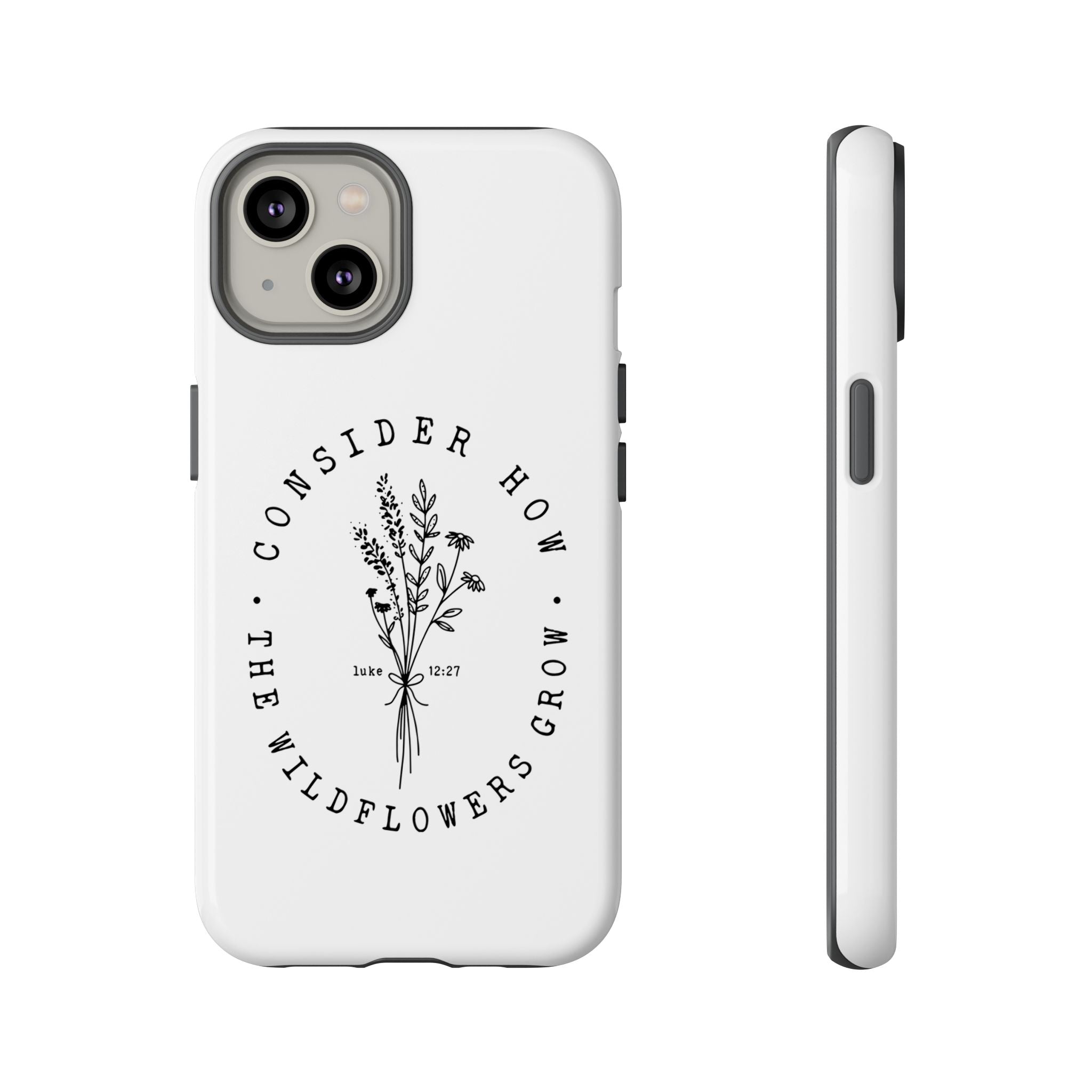 White iPhone case with black floral graphic and Luke 12:27 Bible verse displayed on an iPhone 14