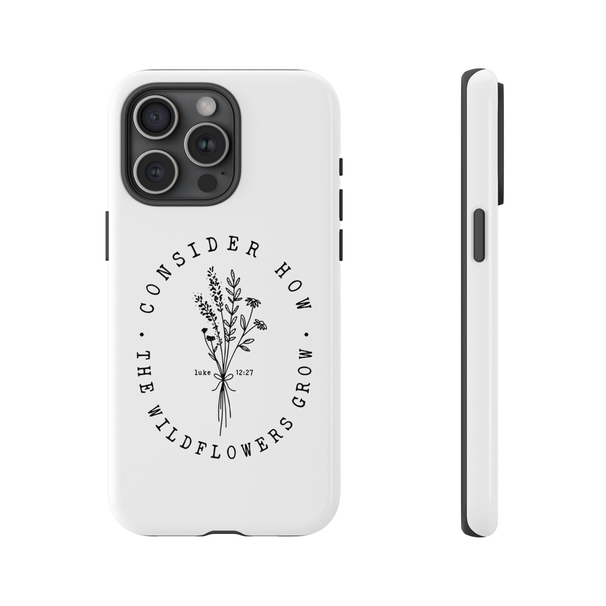 White iPhone case with black floral graphic and Luke 12:27 Bible verse displayed on an iPhone 15 Pro Max