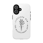 White iPhone case with black floral graphic and Luke 12:27 Bible verse displayed on an iPhone 16
