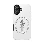 White iPhone case with black floral graphic and Luke 12:27 Bible verse displayed on an iPhone 17