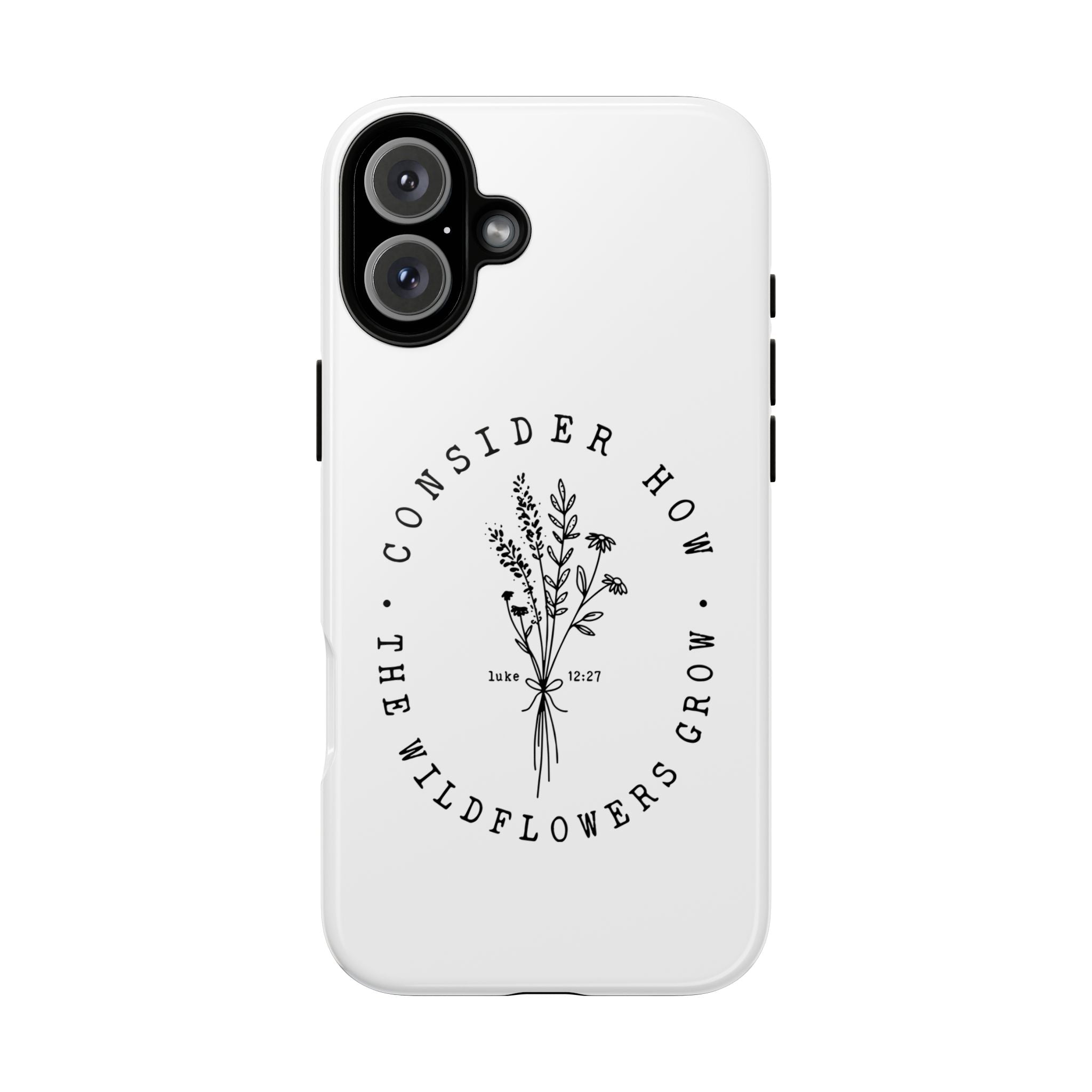 White iPhone case with black floral graphic and Luke 12:27 Bible verse displayed on an iPhone 16 Plus
