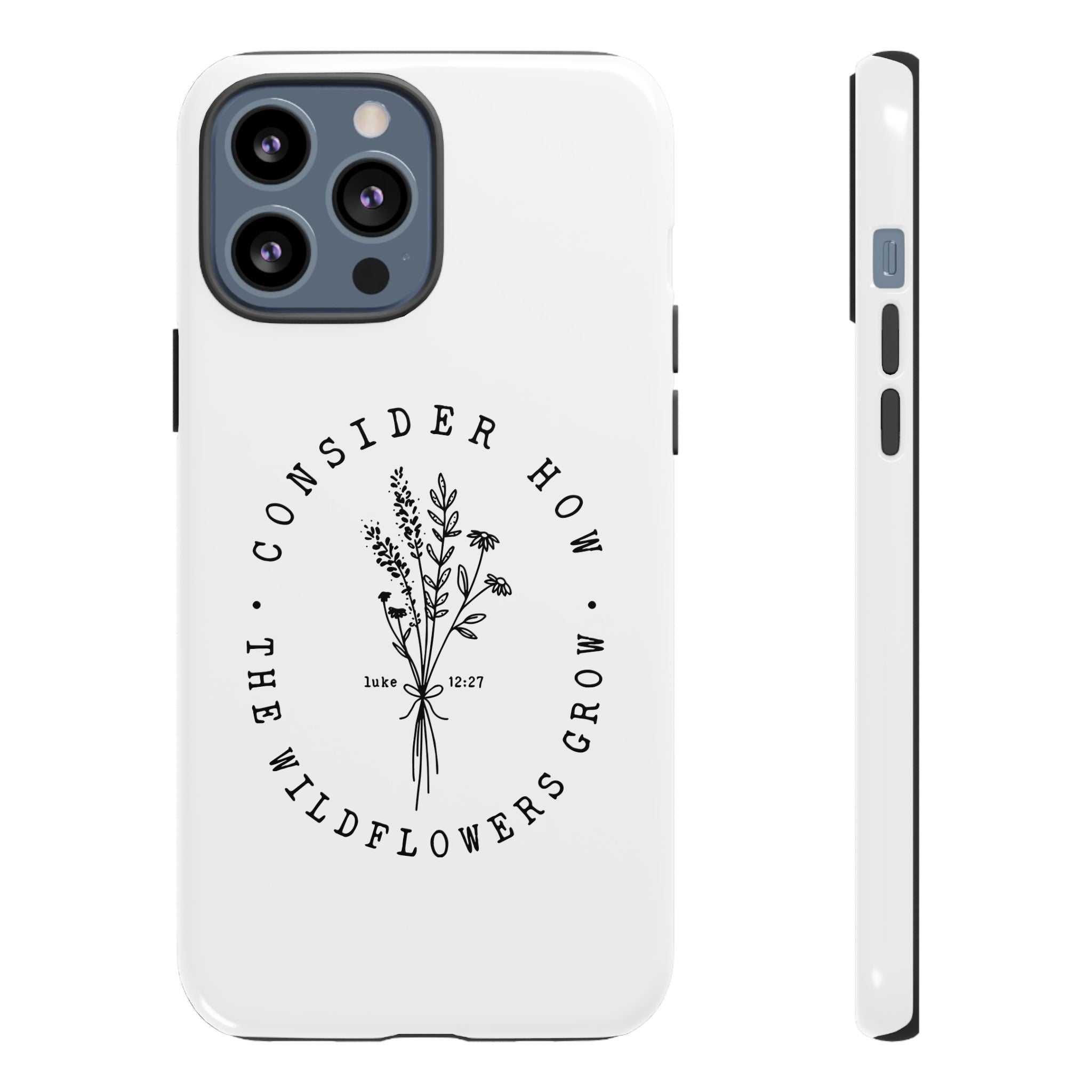 White iPhone case with black floral graphic and Luke 12:27 Bible verse displayed on an iPhone Pro Max