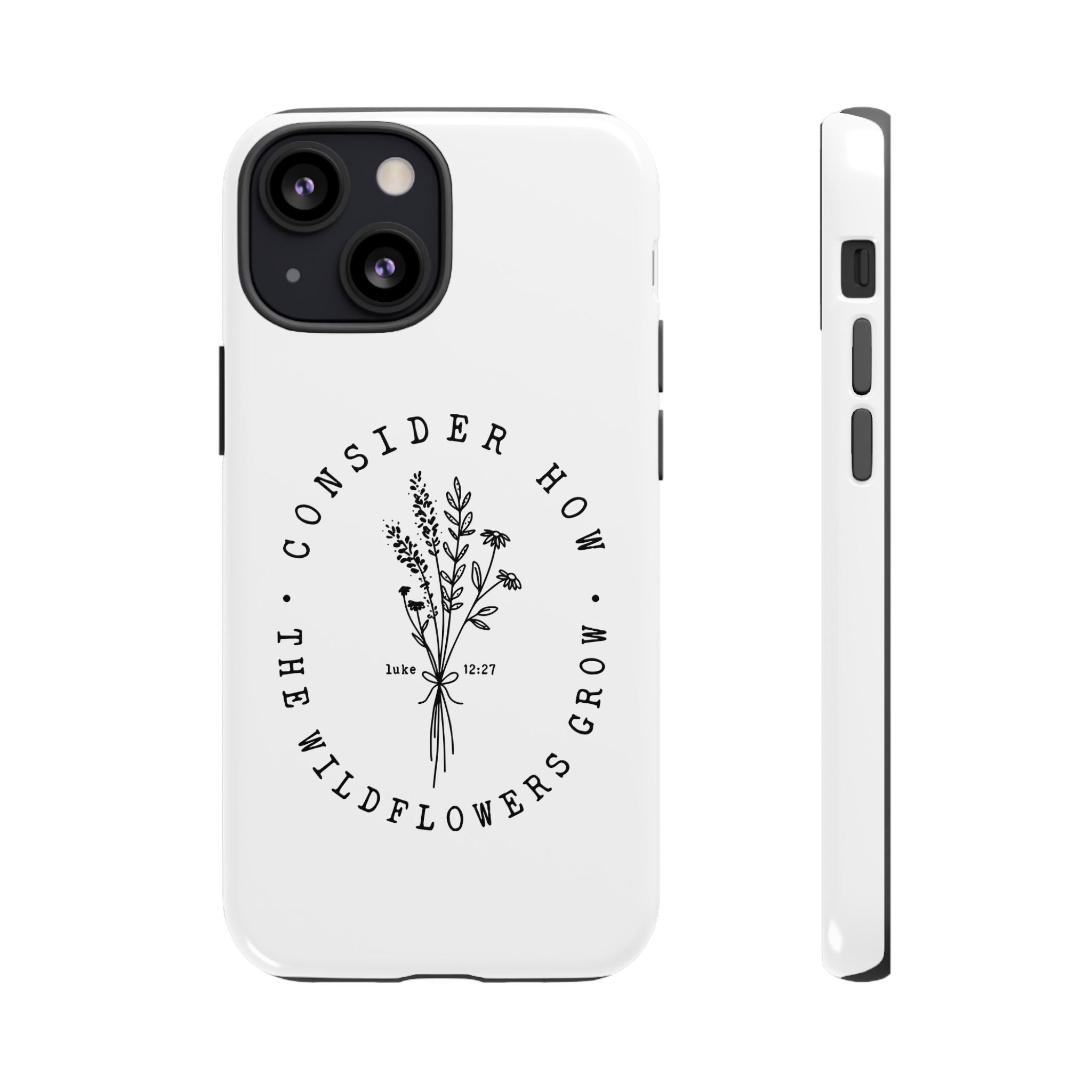 White iPhone case with black floral graphic and Luke 12:27 Bible verse displayed on an iPhone 13 Mini