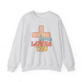 Front view Ash crewneck sweatshirt colorful graphic and text saying ‘Jesus Loves You’