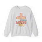 Front view Ash crewneck sweatshirt colorful graphic and text saying ‘Jesus Loves You’