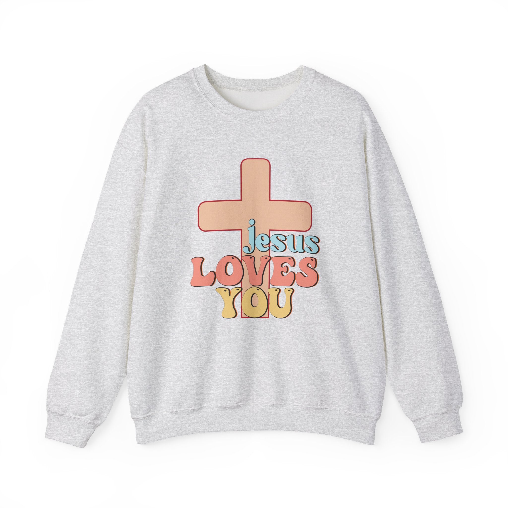 Front view Ash crewneck sweatshirt colorful graphic and text saying ‘Jesus Loves You’