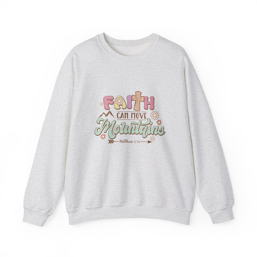 Front view Ash crewneck sweatshirt colorful graphic and text saying ‘Faith Can Move Mountains’