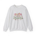 Front view Ash crewneck sweatshirt colorful graphic and text saying ‘Faith Can Move Mountains’