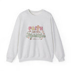 Front view Ash crewneck sweatshirt colorful graphic and text saying ‘Faith Can Move Mountains’