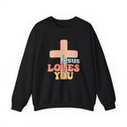 Front view Black crewneck sweatshirt colorful graphic and text saying ‘Jesus Loves You’
