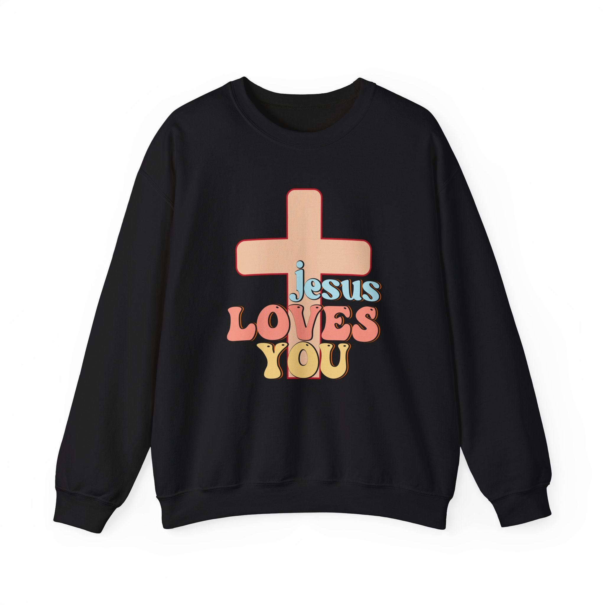 Front view Black crewneck sweatshirt colorful graphic and text saying ‘Jesus Loves You’