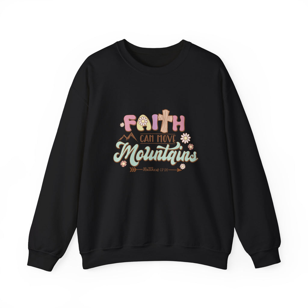 Front view Black crewneck sweatshirt colorful graphic and text saying ‘Faith Can Move Mountains’