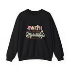 Front view Black crewneck sweatshirt colorful graphic and text saying ‘Faith Can Move Mountains’