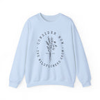 Front view Light Blue crewneck sweatshirt black floral graphic and 'Consider How the Wildflowers Grow' text from Bible verse Luke 12:27