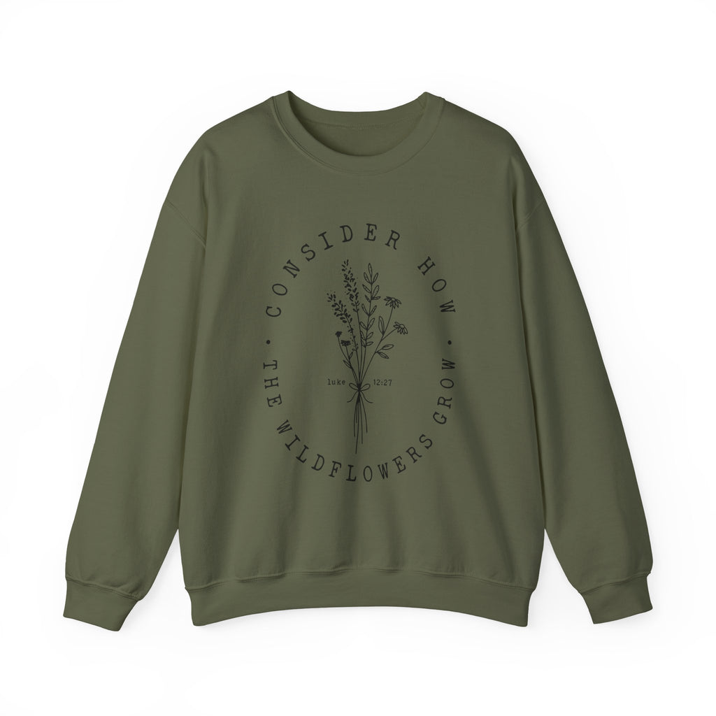 Front view Military Green crewneck sweatshirt black floral graphic and 'Consider How the Wildflowers Grow' text from Bible verse Luke 12:27