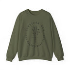 Front view Military Green crewneck sweatshirt black floral graphic and 'Consider How the Wildflowers Grow' text from Bible verse Luke 12:27