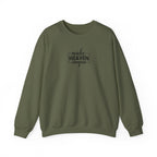 Front view Military Green crewneck sweatshirt with black text ‘Make Heaven Crowded’ on middle chest