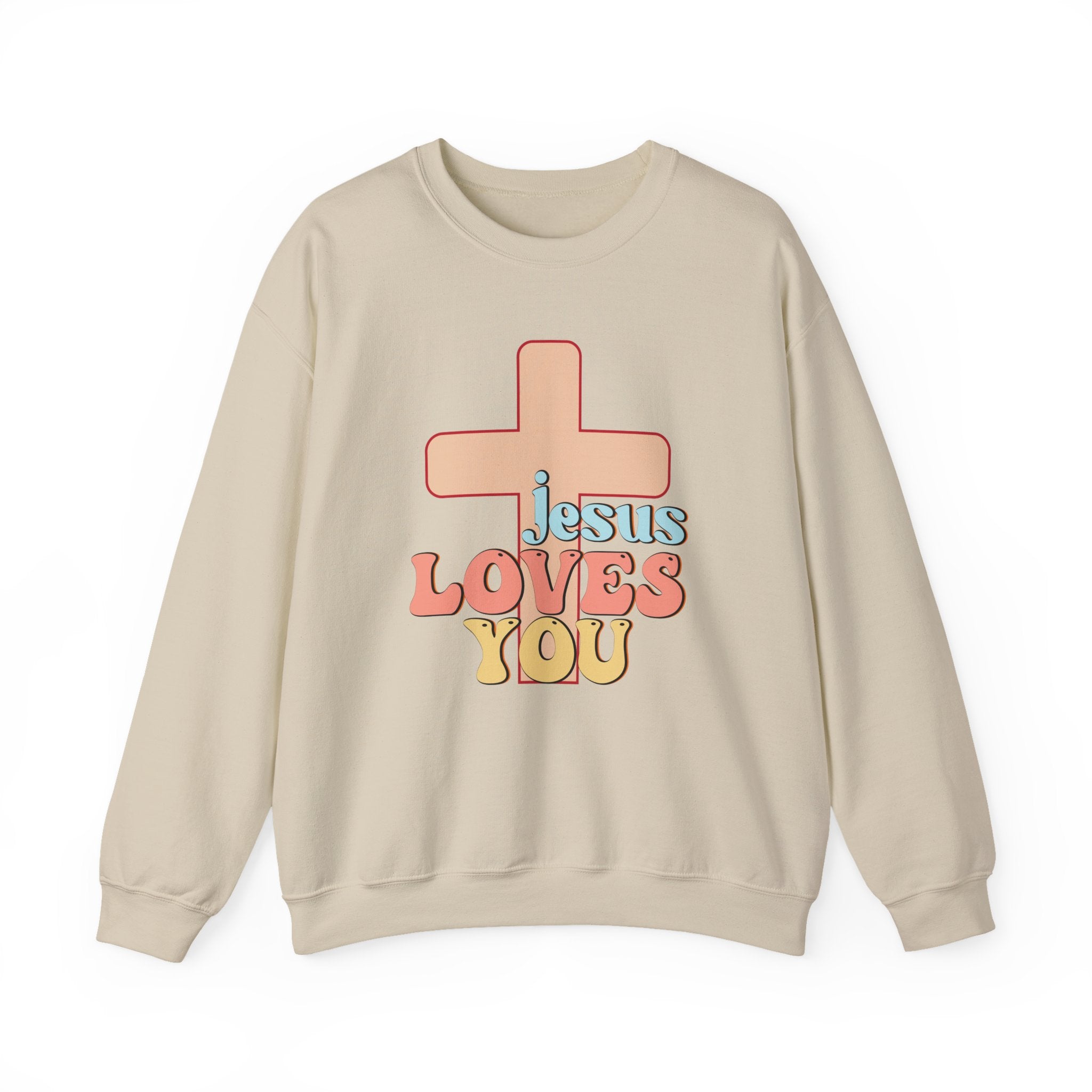 Front view Sand crewneck sweatshirt colorful graphic and text saying ‘Jesus Loves You’