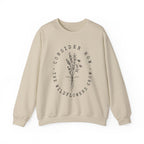 Front view Sand crewneck sweatshirt black floral graphic and 'Consider How the Wildflowers Grow' text from Bible verse Luke 12:27