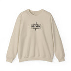 Front view Sand crewneck sweatshirt with black text ‘Make Heaven Crowded’ on middle chest