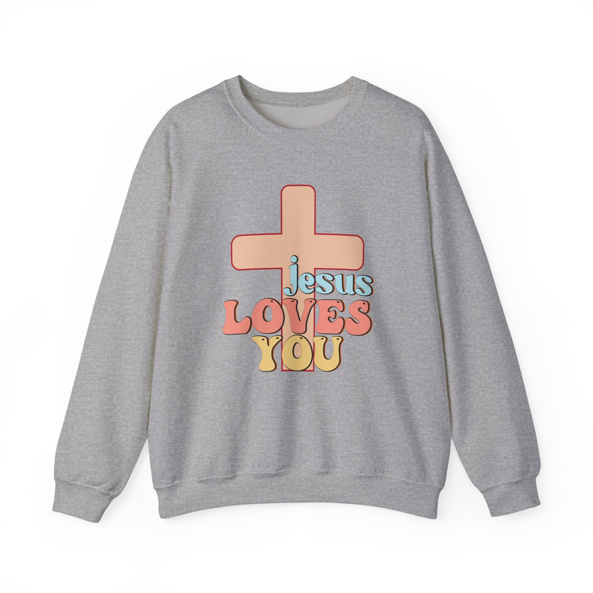 Front view Sport Grey crewneck sweatshirt colorful graphic and text saying ‘Jesus Loves You’