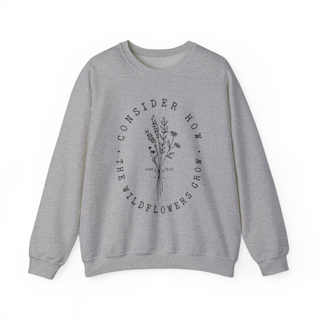 Front view Sport Grey crewneck sweatshirt black floral graphic and 'Consider How the Wildflowers Grow' text from Bible verse Luke 12:27