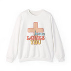 Front view White crewneck sweatshirt colorful graphic and text saying 'Jesus Loves You’
