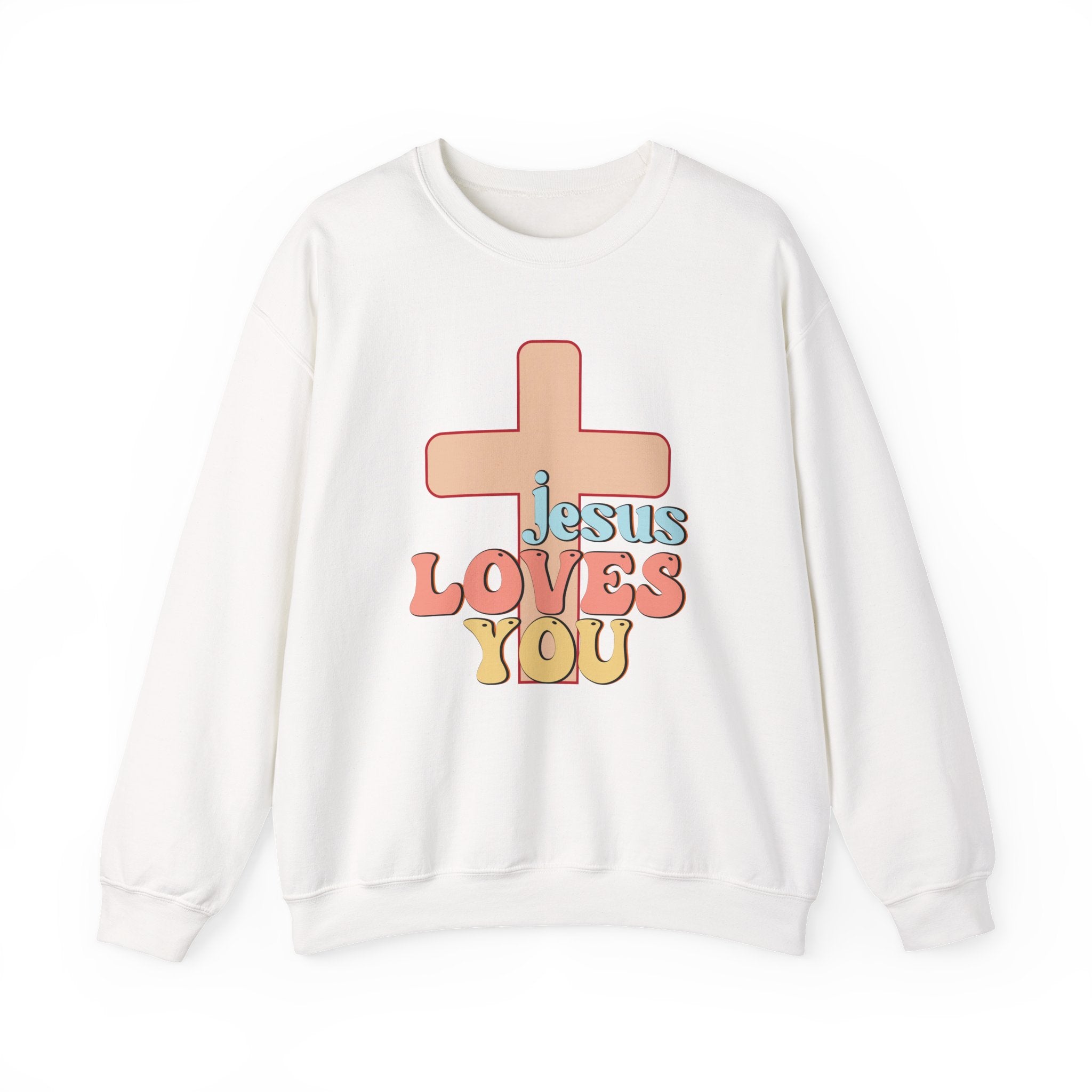 Front view White crewneck sweatshirt colorful graphic and text saying 'Jesus Loves You’