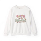 Front view White crewneck sweatshirt colorful graphic and text saying ‘Faith Can Move Mountains’