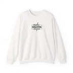 Front view White crewneck sweatshirt with black text ‘Make Heaven Crowded’ on middle chest
