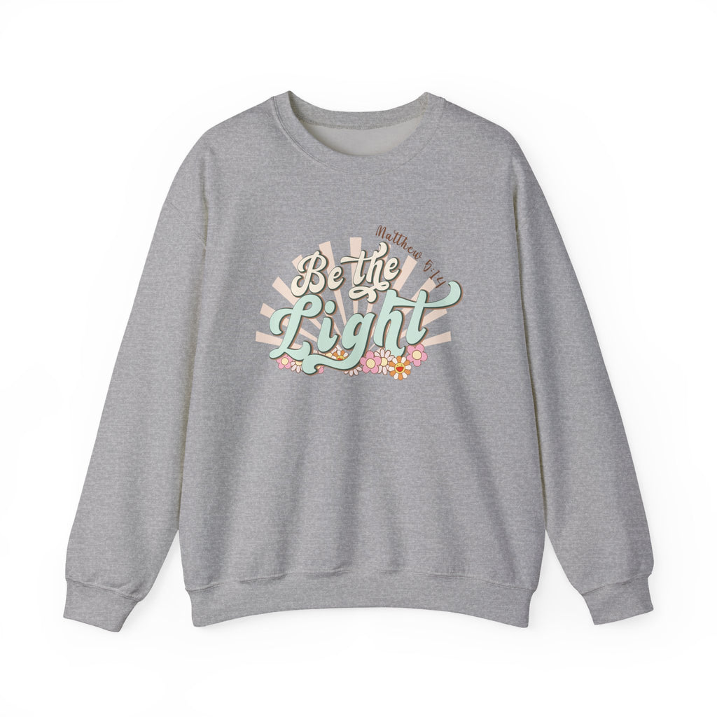 Front view Sport Grey crewneck sweatshirt colorful graphic and text saying ‘Be the Light’ 
