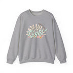 Front view Sport Grey crewneck sweatshirt colorful graphic and text saying ‘Be the Light’ 