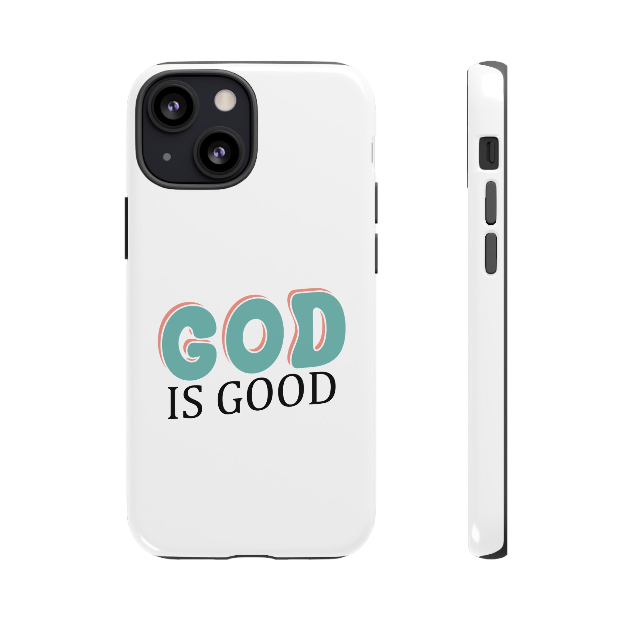 White iPhone case with text saying God Is Good displayed on an iPhone 13 Mini