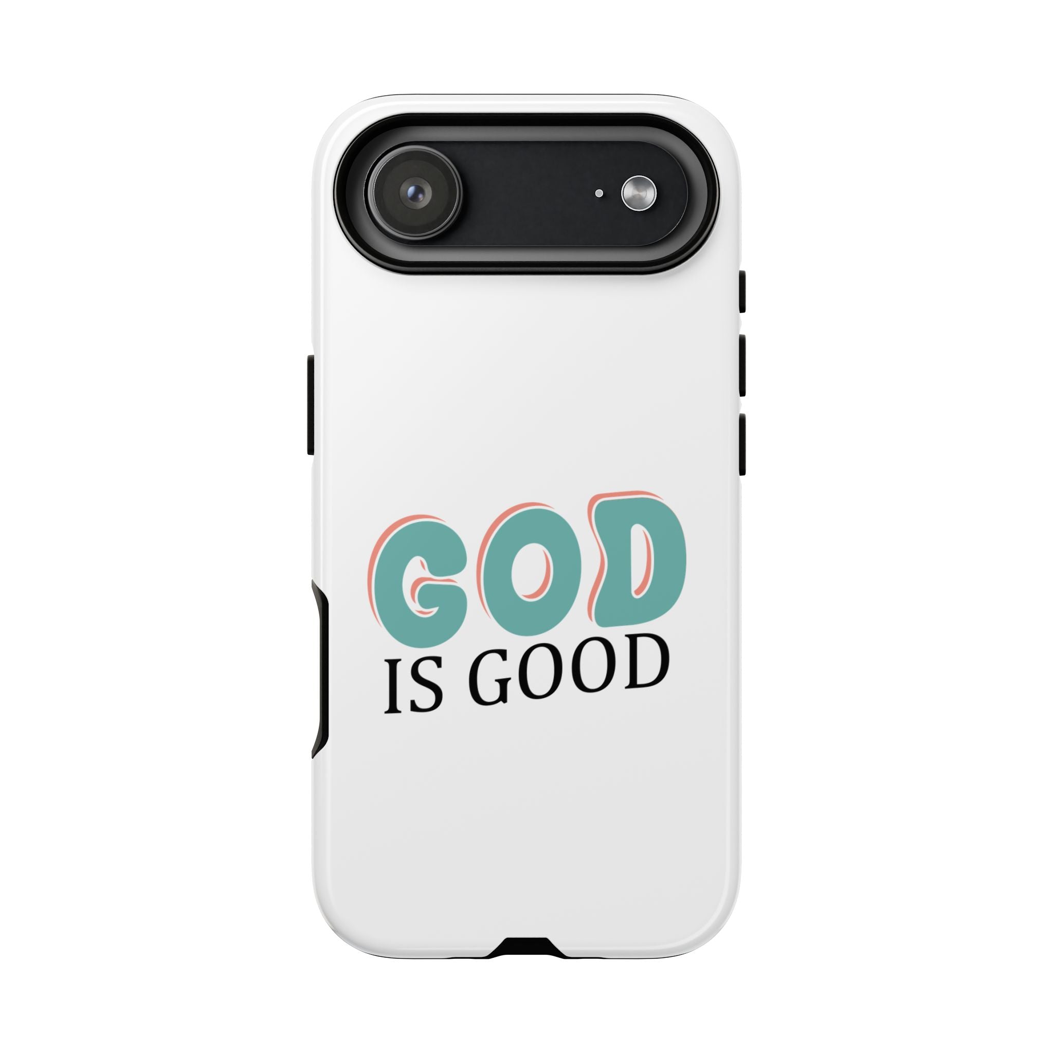 White iPhone case with text saying God Is Good displayed on an iPhone 17 Air