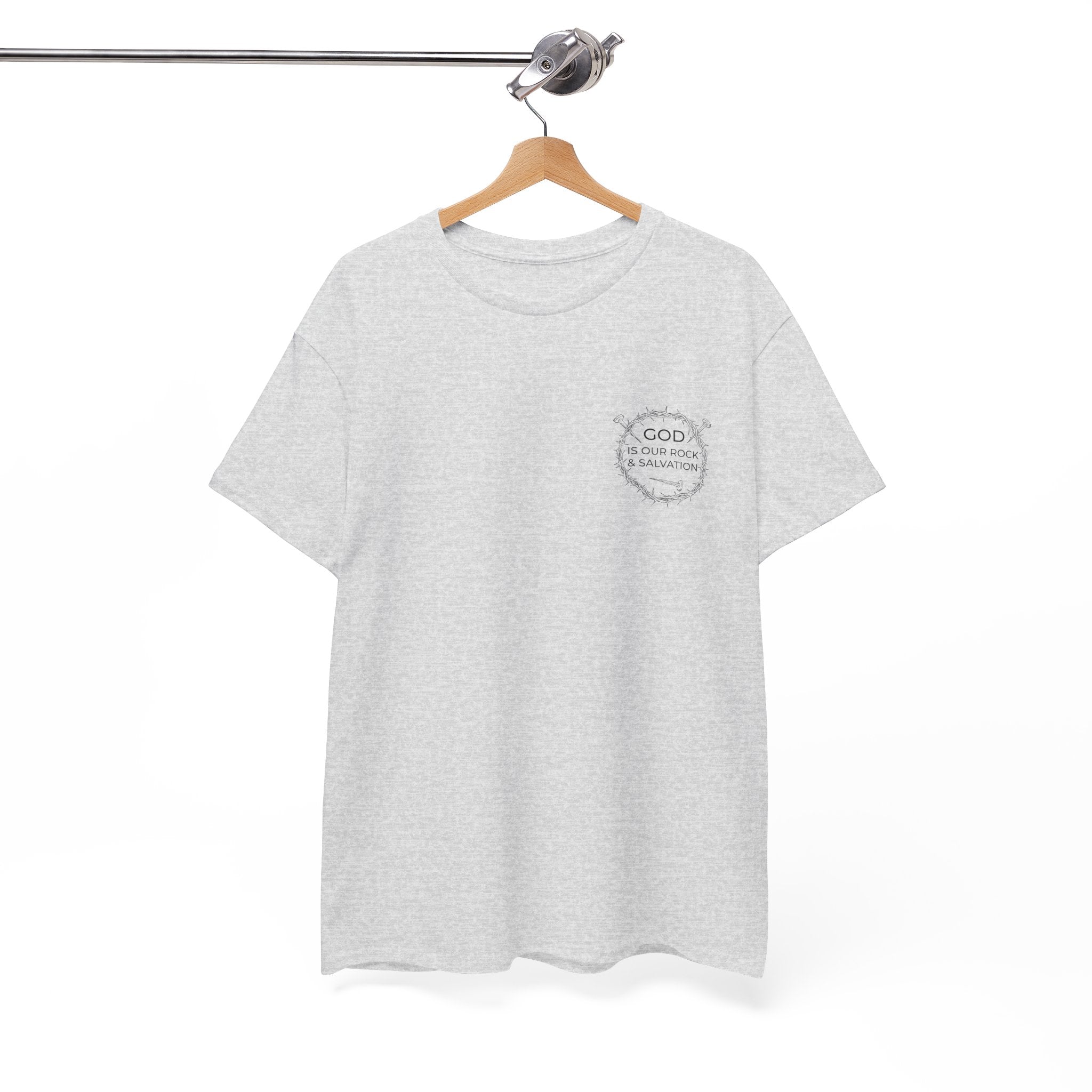 Front view Ash t-shirt with black graphic and text saying God is our Rock & Salvation on left chest displayed on a hanger