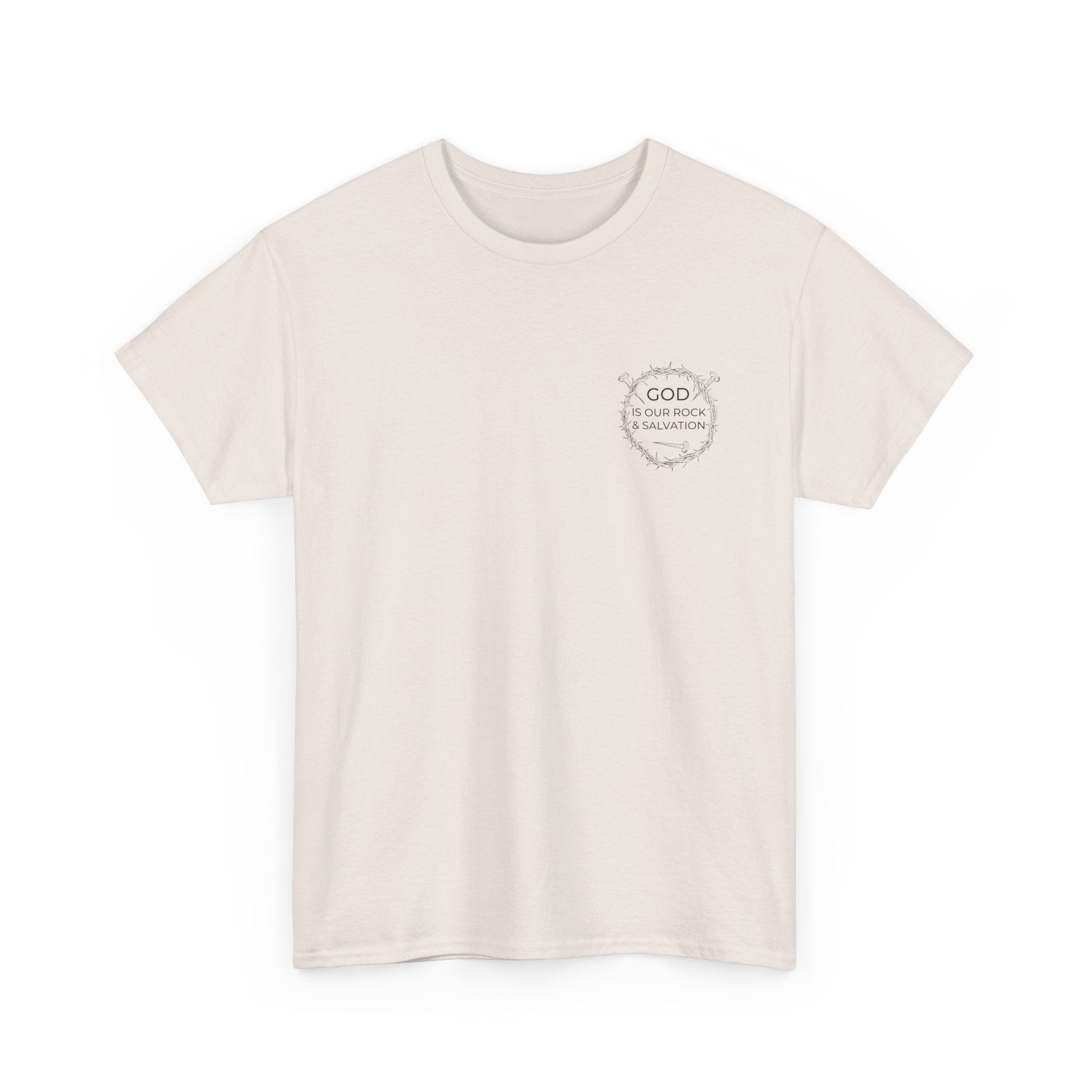 Front view Ice Grey t-shirt with black graphic and text saying God is our Rock & Salvation on left chest