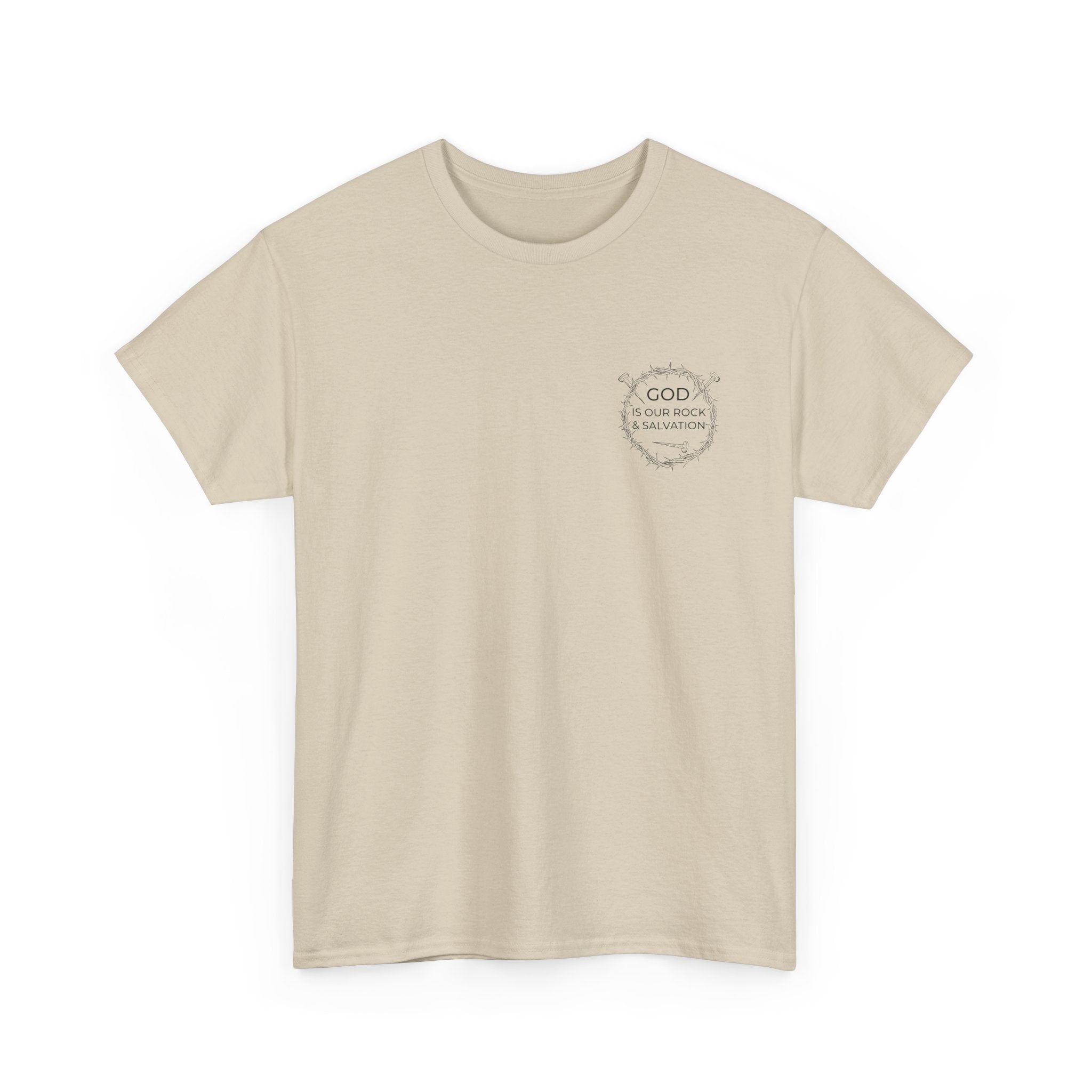 Front view Sand t-shirt with black graphic and text saying God is our Rock & Salvation on left chest