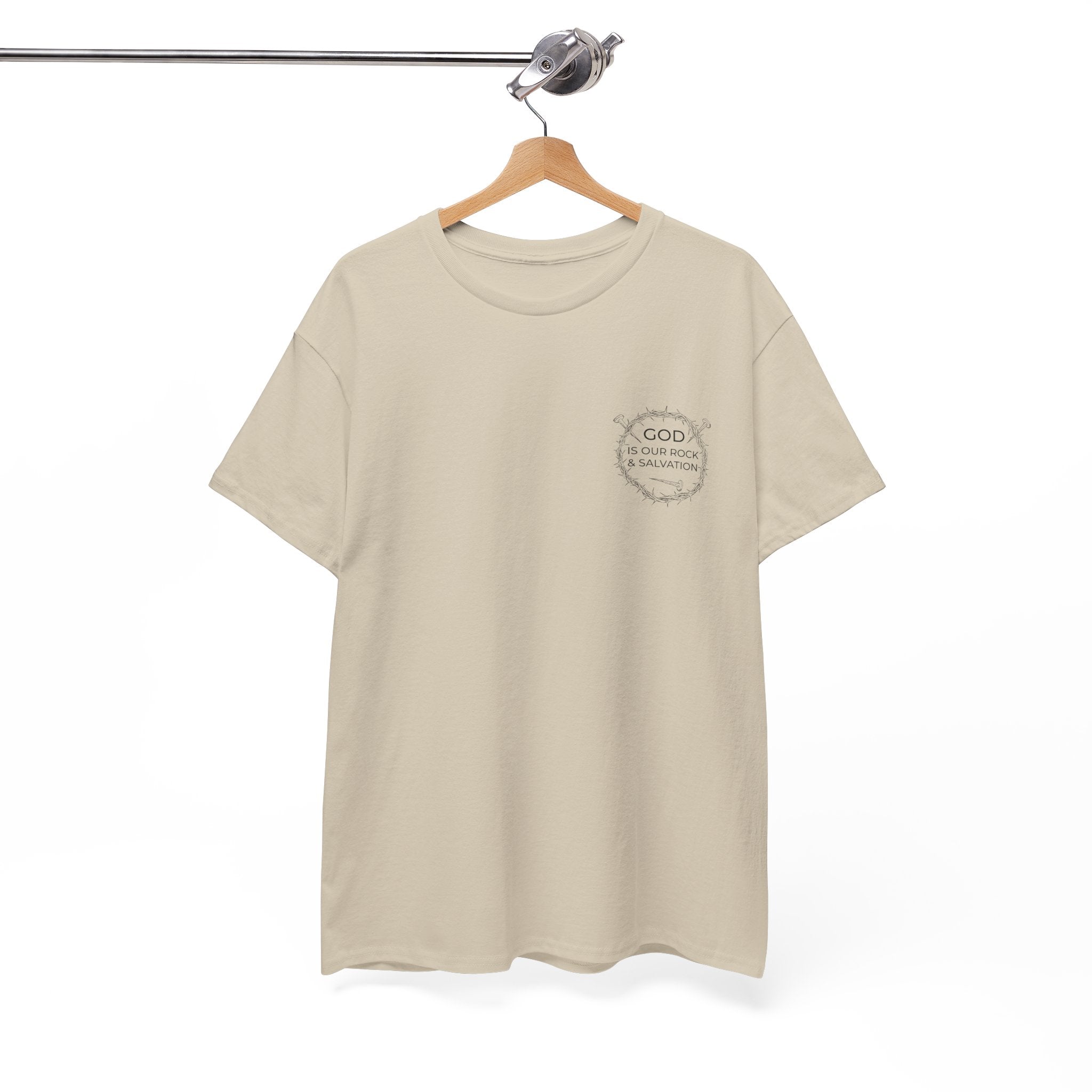 Front view Sand t-shirt with black graphic and text saying God is our Rock & Salvation on left chest displayed on a hanger