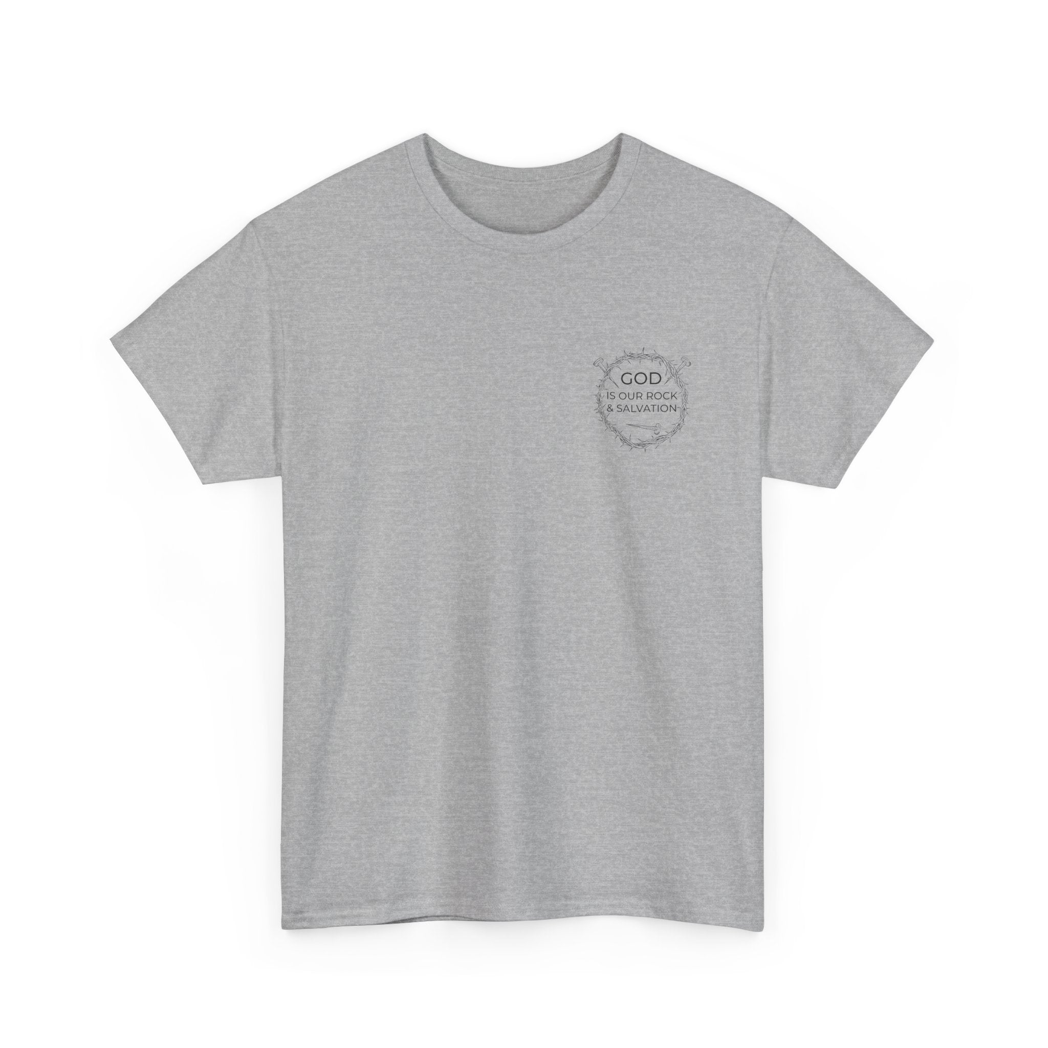 Front view Sport Grey t-shirt with black graphic and text saying God is our Rock & Salvation on left chest