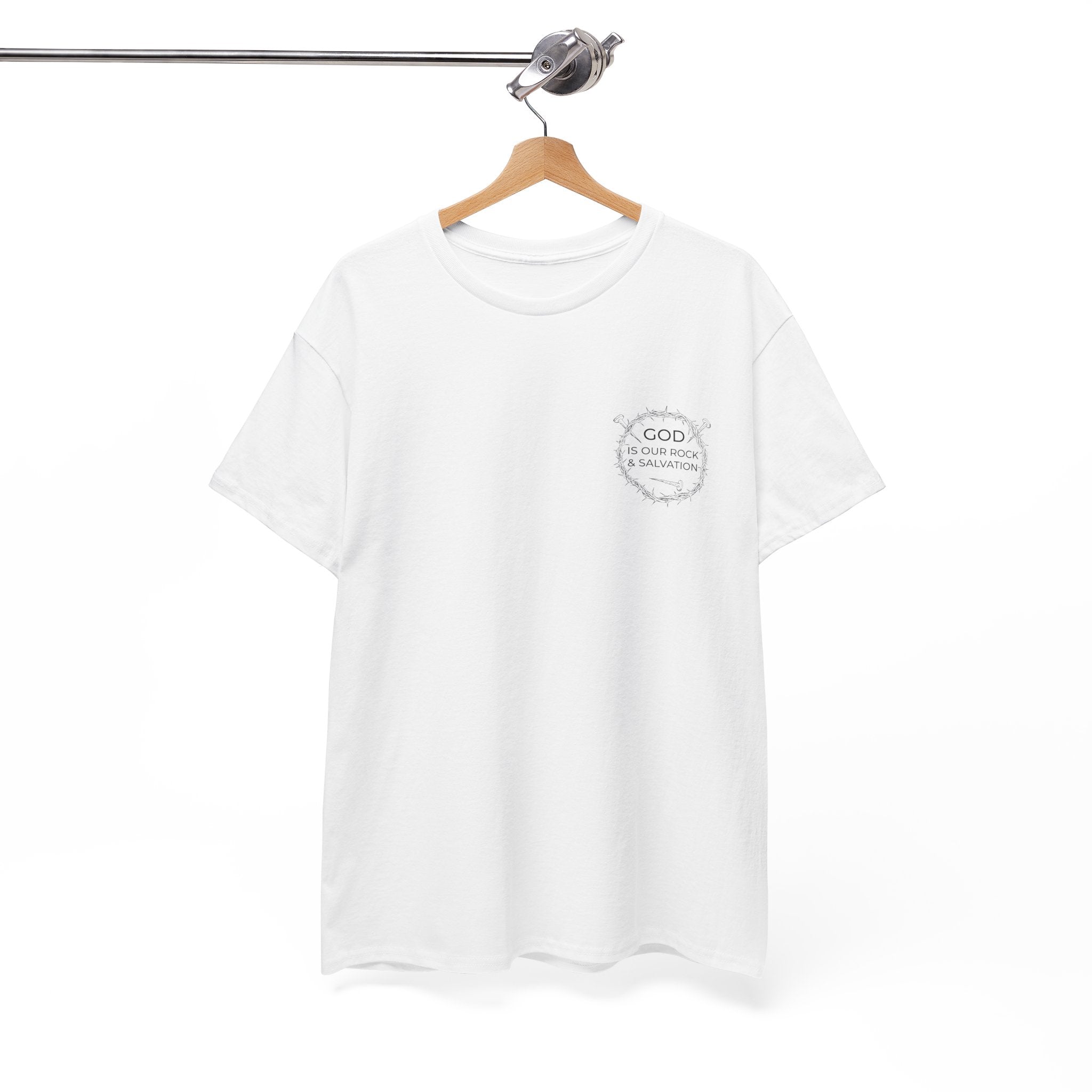 Front view White t-shirt with black graphic and text saying God is our Rock & Salvation on left chest displayed on a hanger