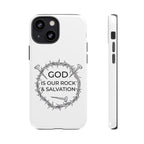 White iPhone case with a black graphic and text saying God is our Rock & Salvation displayed on an iPhone 13 Mini