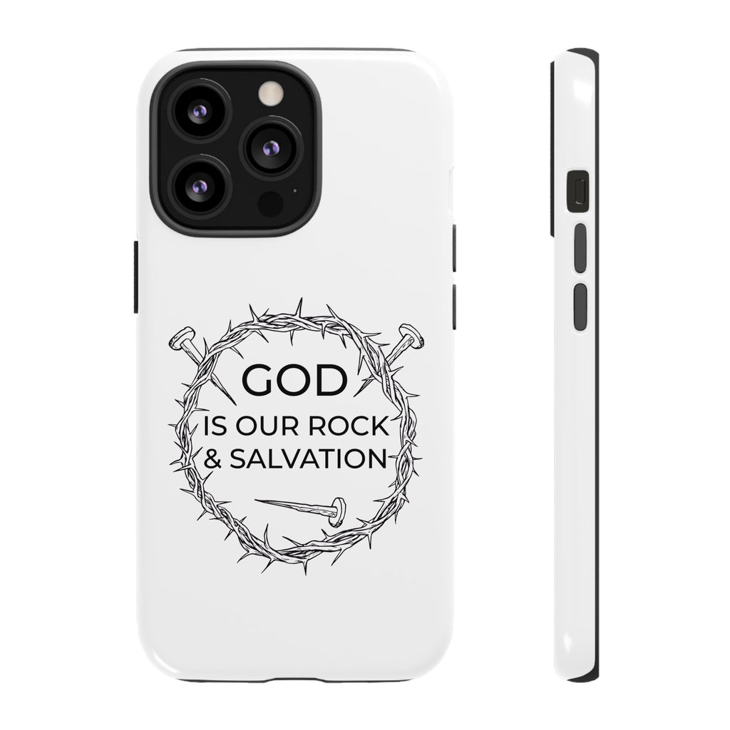 White iPhone case with a black graphic and text saying God is our Rock & Salvation displayed on an iPhone 13 Pro